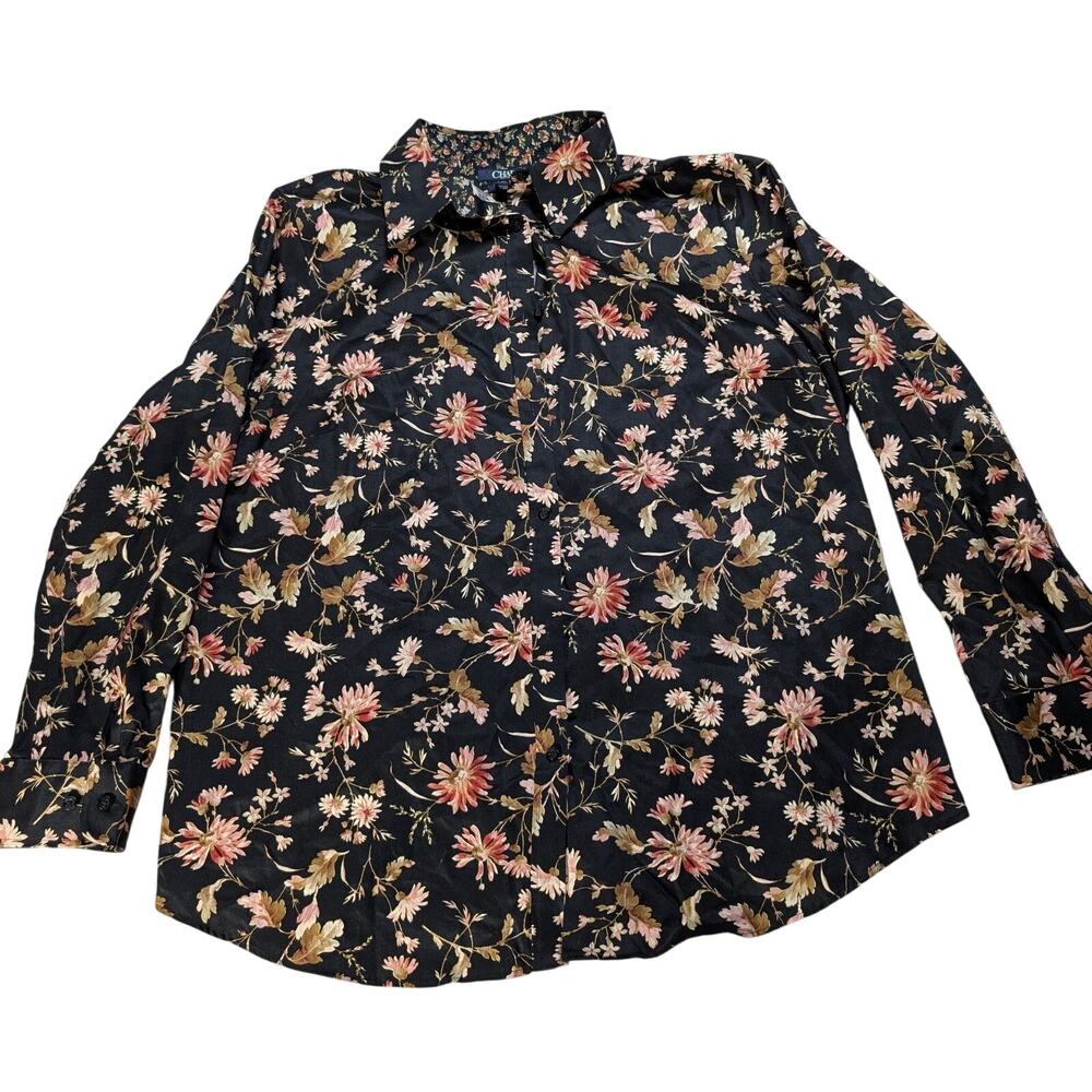Chaps Women’s 0X Button Down Shirt Black Floral Long Sleeve No Iron Blouse